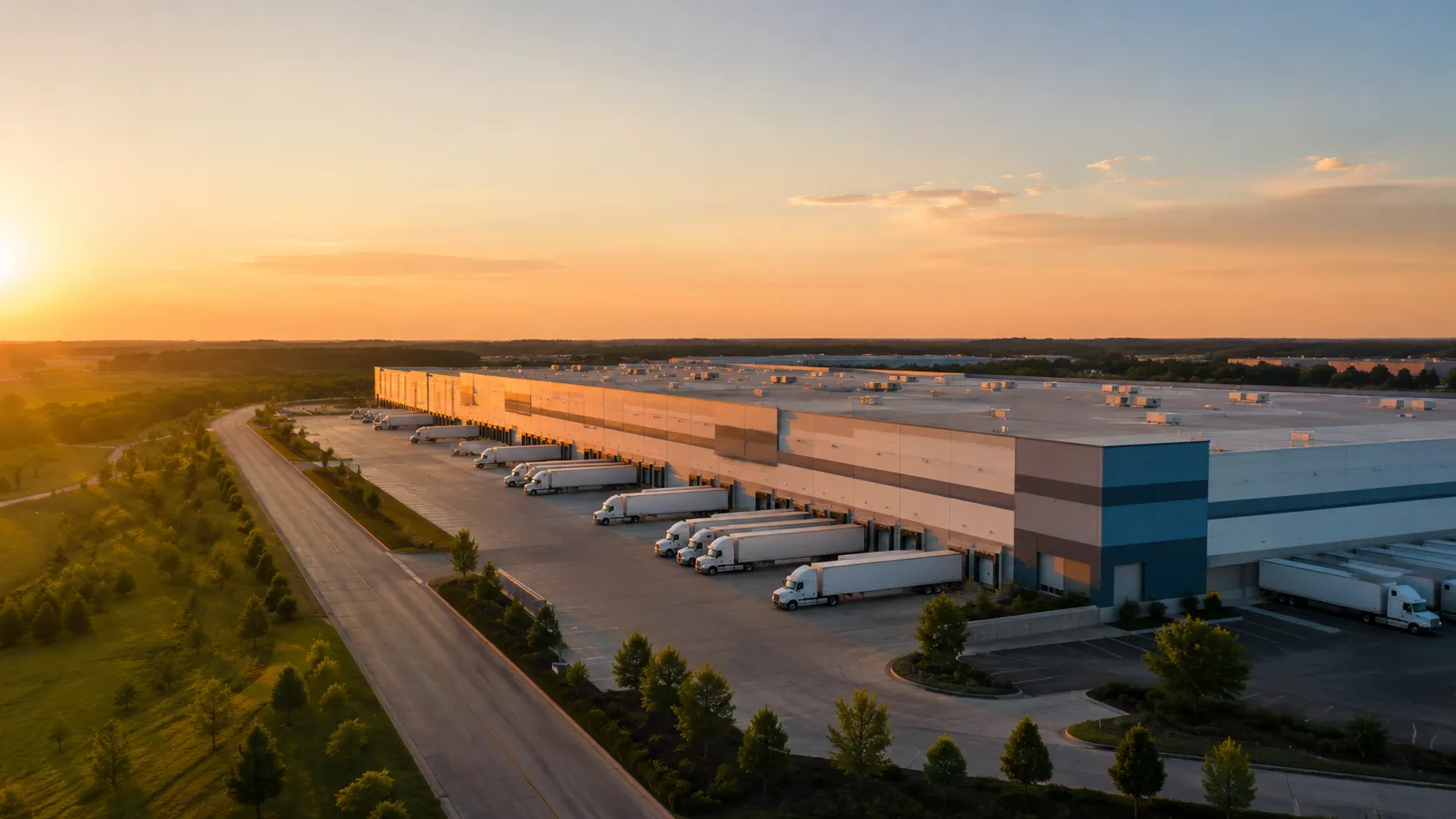 Aerial view of a large distribution center and surrounding logistics network